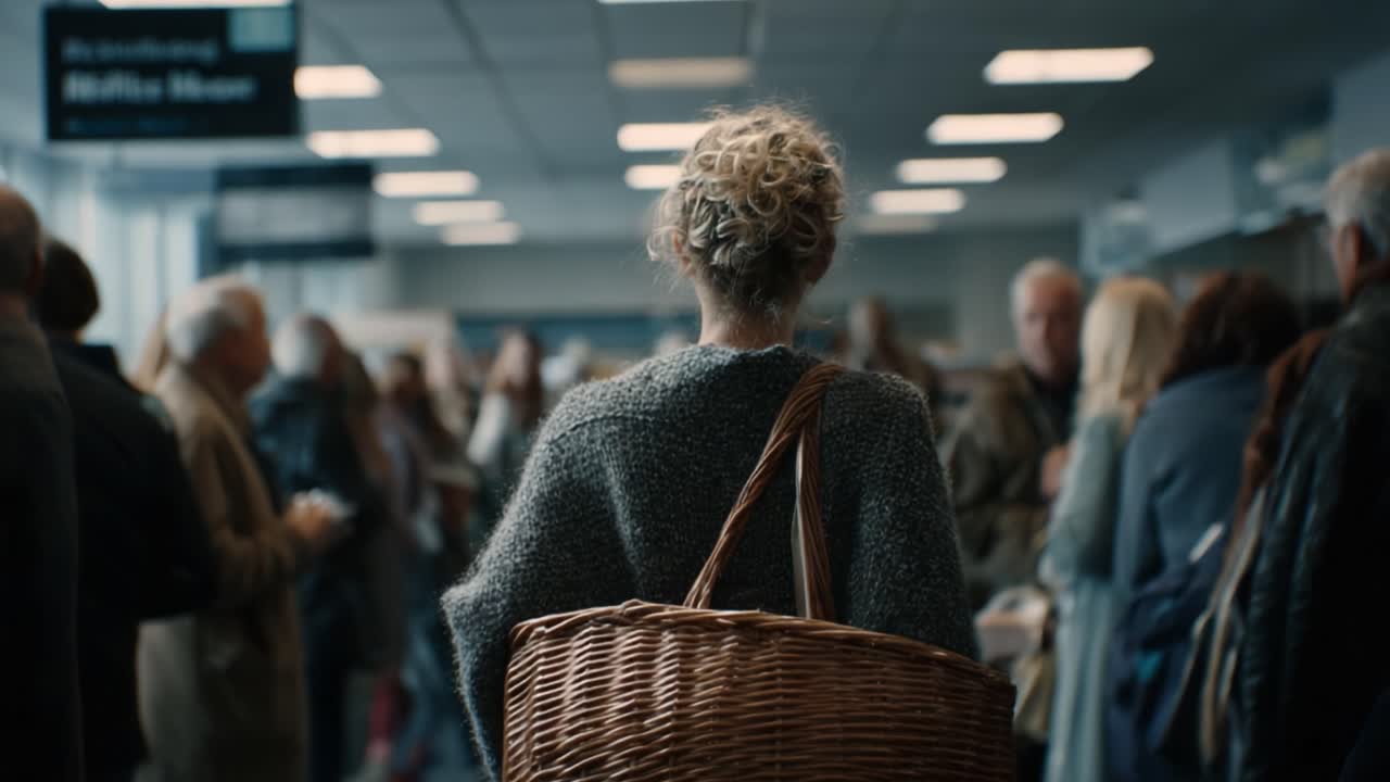 A solitary figure with curly hair carries a wicker basket in a crowded indoor space, surrounded by a bustling crowd, showcasing the contrast between individuality and community