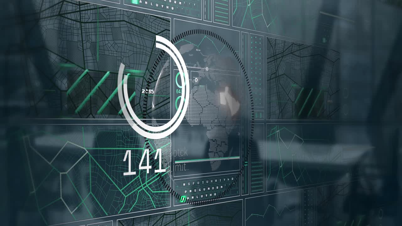 animación de la interfaz con procesamiento de datos sobre el globo giratorio contra la oficina vacía.