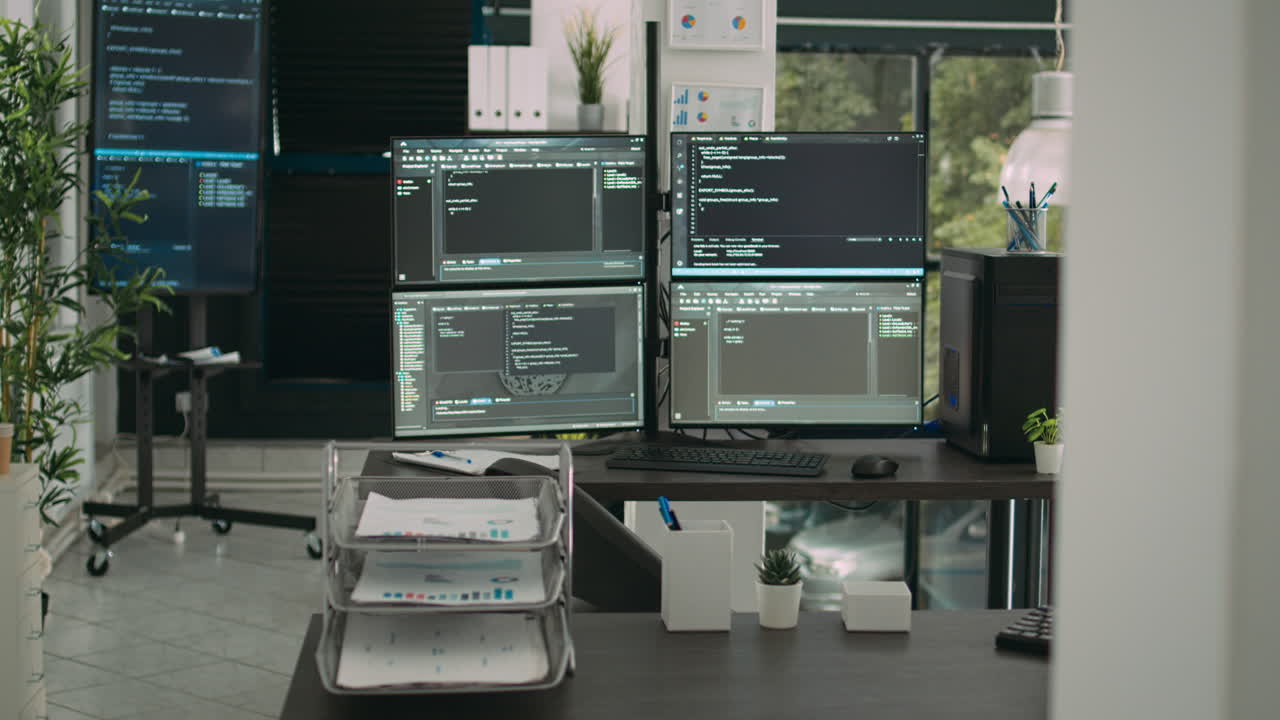 Empty data room with computer screens on desk