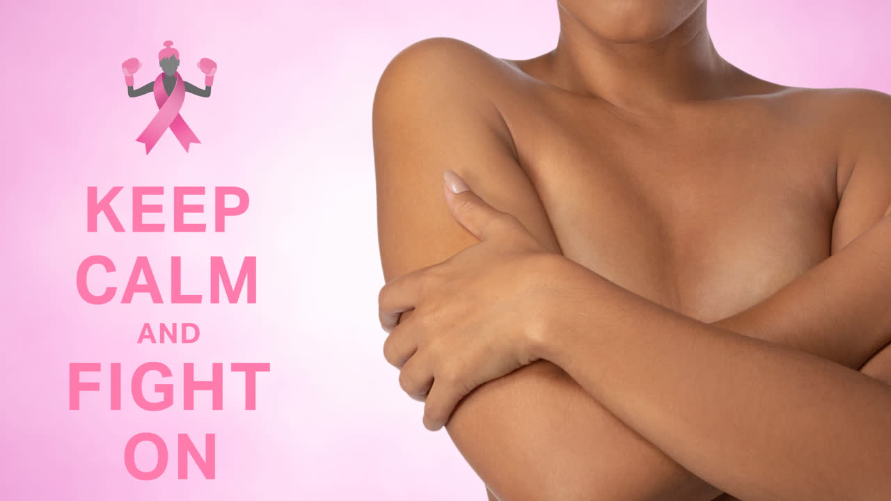 Animation of pink ribbon logo with breast cancer text over women with crossed hands