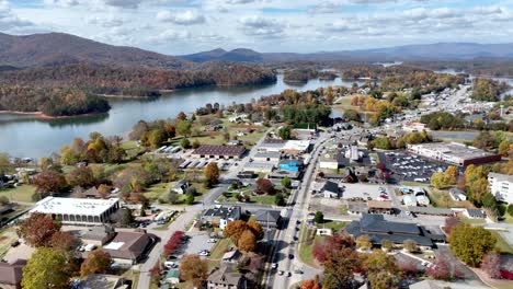 aerial pullout over the town of hiawassee georgia, lake chatuge