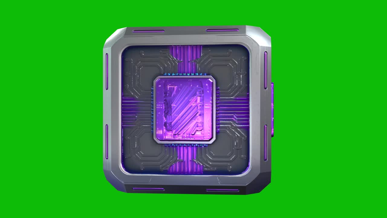 Futuristic 3D sci-fi quantum cube design 02, with metallic panels, embedded circuit patterns, rotating 360 degrees, isolated on green screen.Ideal for AI, quantum computing and sci-fi concepts