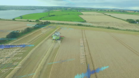 combine harvester working in wheat field with digital data overlay animation