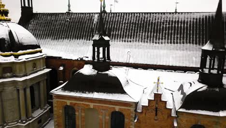 zoom out aerial view of tapered conical structures on rooftop of old church in stockholm,sweden
