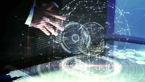 animation of financial data processing with globe and scope scanning over caucasian businessman