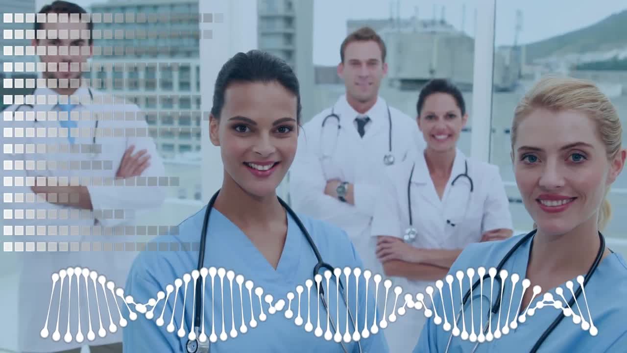 Legeteam omgitt av en animasjon av DNA-heliks og rutenettmønster