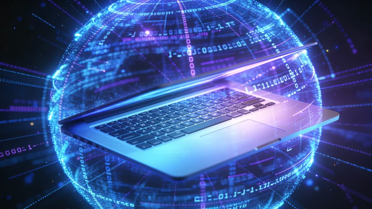 Receiving data, silver laptop processing binary stream in cyberspace for secure sync, hologram mesh