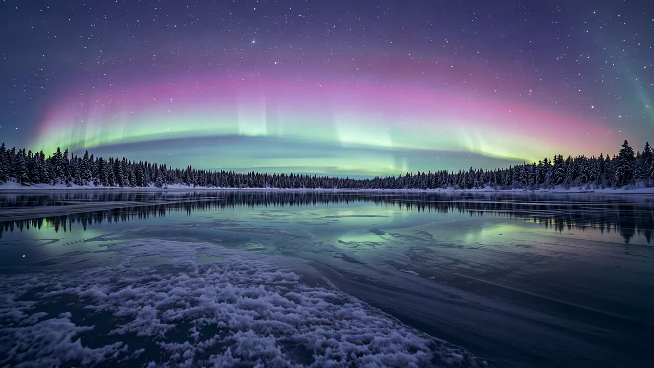 Shifting aurora borealis responding to solar wind arcing over frozen lake at lakeshore reflecting