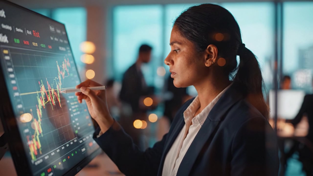 Focused Businesswoman Analyzing Data on Large Monitor in Modern Office Environment, Engaged in Complex Financial Analysis and Strategic Decision Making