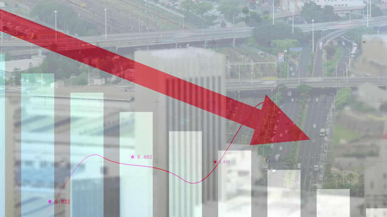 배경에 있는 도시 풍경 위에 있는 화살표와 그래프의 애니메이션