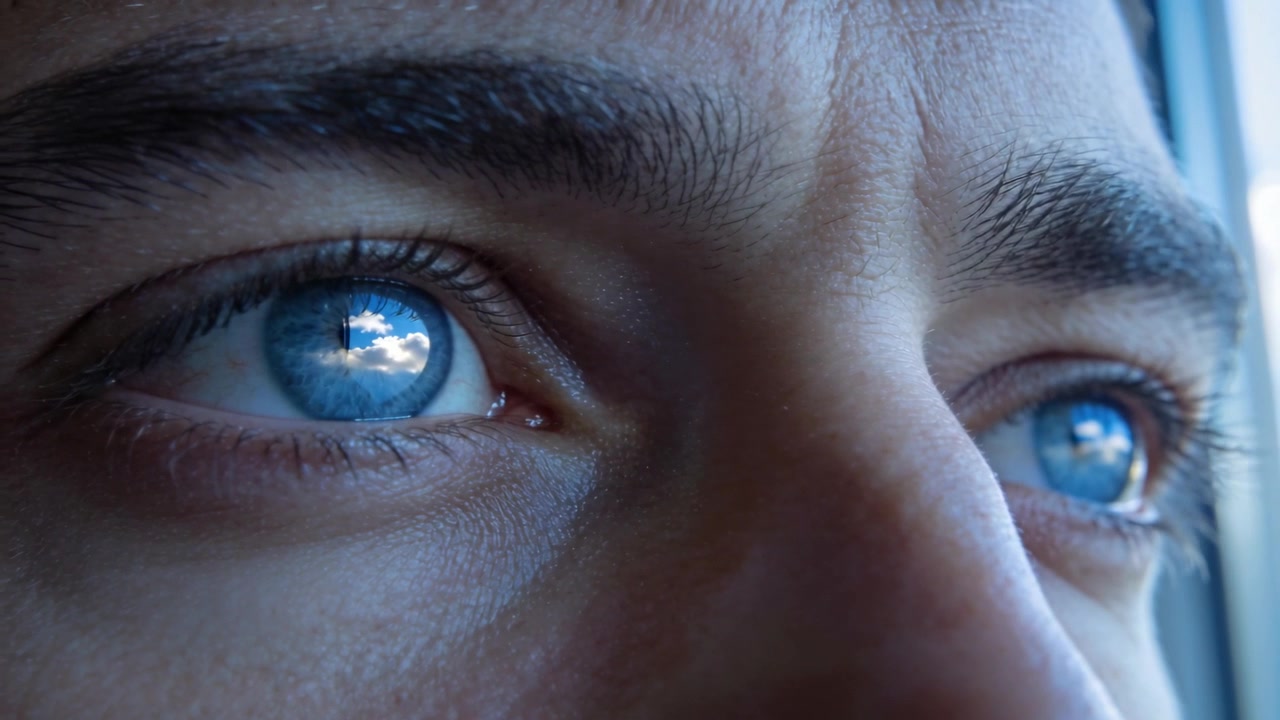 Uomo che nota il riflesso del cielo luminoso nei suoi occhi, alzando lo sguardo verso la finestra, mantenendo uno sguardo concentrato.