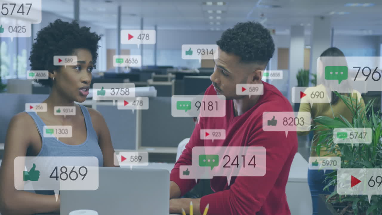 Animation of social media data processing over diverse business people in office