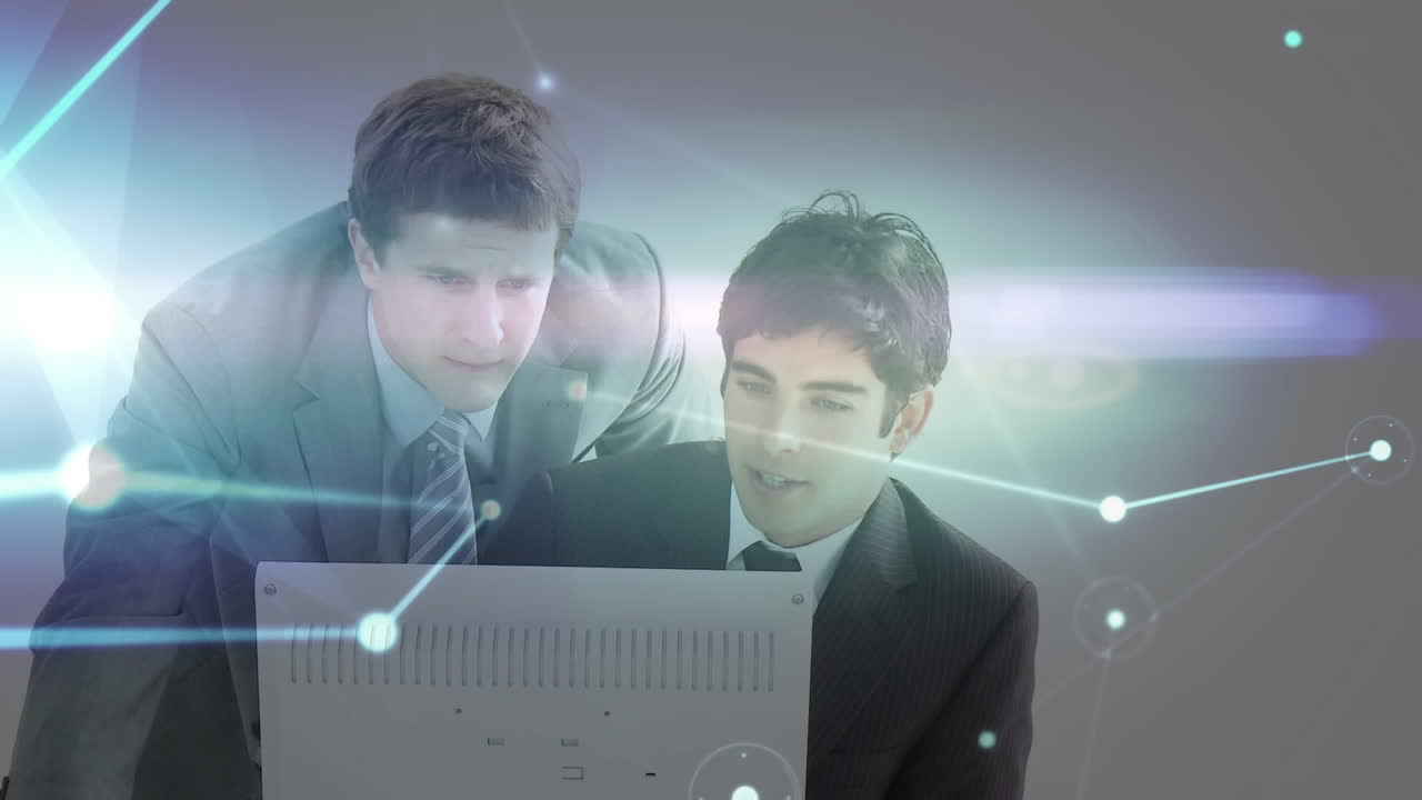 배경에 연결된 웹을 통해 책상 에 앉아있는 동성 커플의 애니메이션입니다.