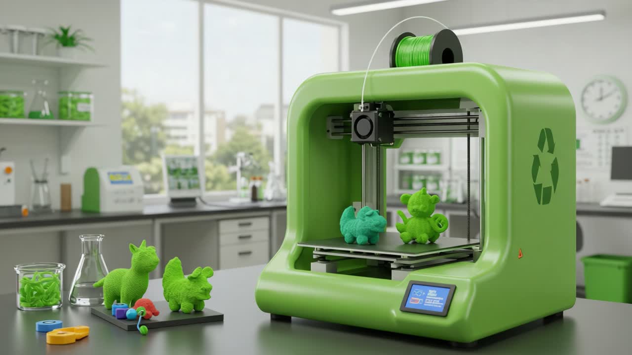 A Green 3D Printer in Action: Creating Colorful Eco-Friendly Plastic Models in a Bright Lab Environment, Showcasing Innovative Technology in Manufacturing and Design