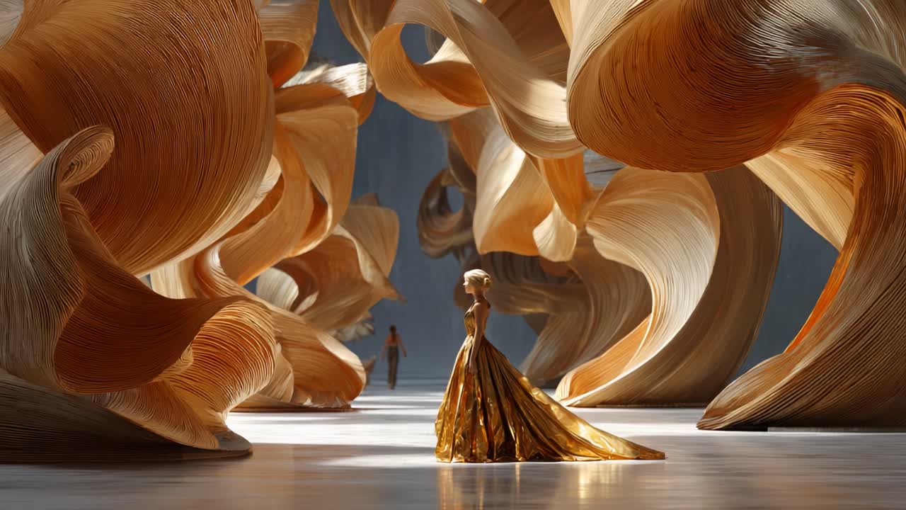 A Stunning Visual Journey Through Elegance: A Model in a Golden Gown Amidst Fluid Architectural Forms That Capture Light and Movement in a Captivating Evocation of Fashion and Artistry