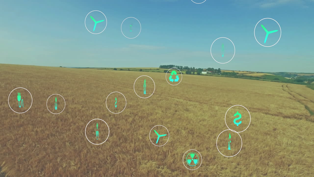 Agriculture industry showing golden wheat field, displaying floating energy and recycling icons