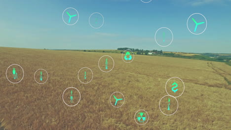 agriculture industry showing golden wheat field, displaying floating energy and recycling icons