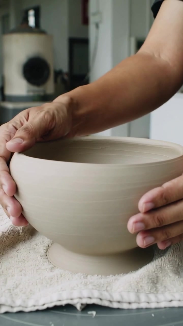 Vertical video: Lifting and rotating bowl after throwing, potter checking form at ceramic studio