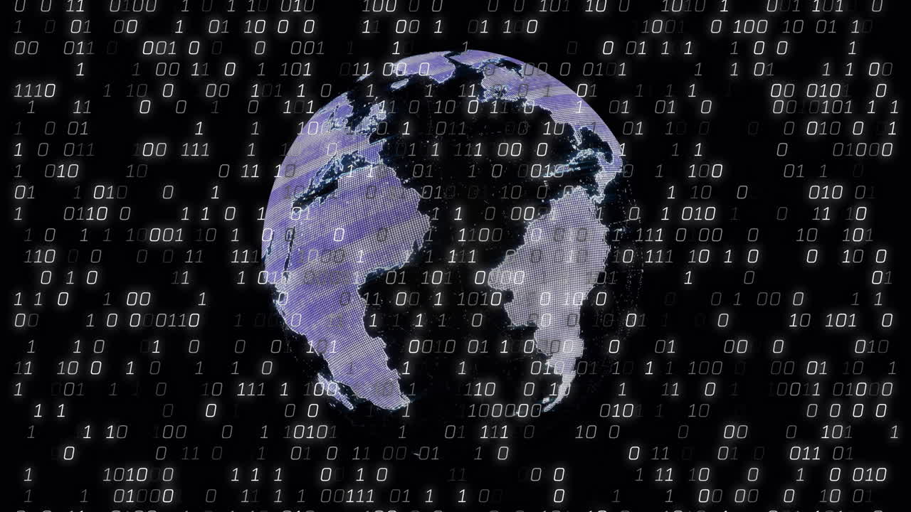 Animation of binary coding digital data processing over globe
