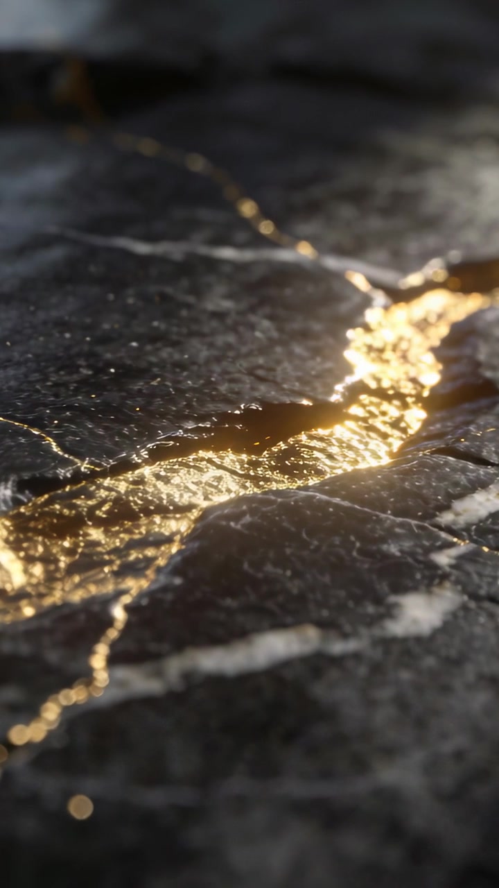 Vertical video: Starting macro cam sliding along basalt slab, revealing gold vein and sparkle