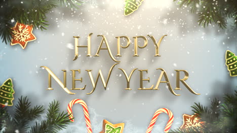 Happy-New-Year-text-with-green-tree-branches-and-toys-1