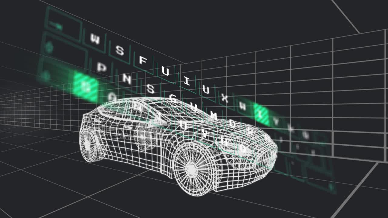 Text tiles forming and starting neon green scan across wireframe car for diagnostics