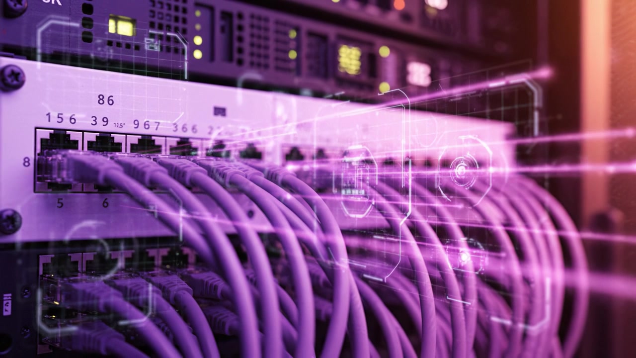 Close-up View of Network Switch with Ethernet Cables Showcasing Connectivity in a Modern Data Center Environment with Colorful Lighting Effects.