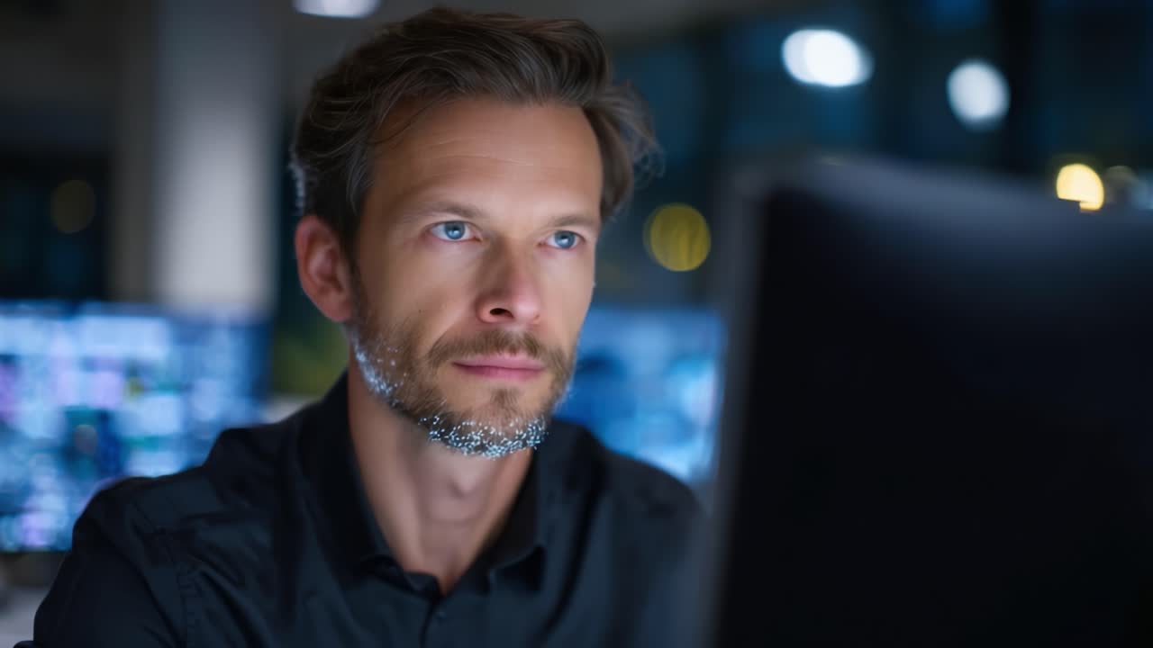 Konzentrierter, männlicher Profi arbeitet spät in der Nacht am Computer, wobei der Bildschirm sein Gesicht in einer modernen Büroumgebung beleuchtet