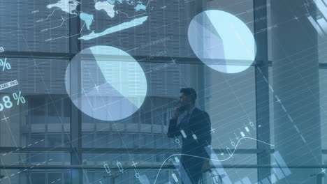 animation of financial data and graphs over caucasian businessman using smartphone