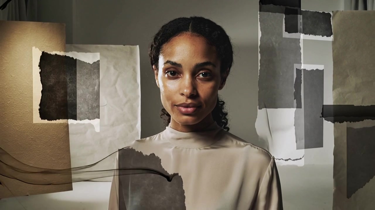 Animating ink-smoke overlays revealing model turning to camera in studio, in high-neck blouse, lamp