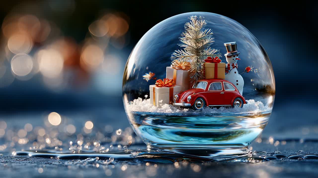 A Captivating Scene of Holiday Cheer Encased in a Snow Globe, Featuring a Classic Red Car Surrounded by Presents, a Cheerful Snowman, and a Sparkling Christmas Tree All Set Against a Festive Background