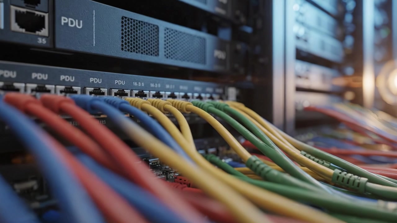 Detailed Close-up Views of Rack-mounted Networking Equipment with Colorful Cables Illustrating Complex Data Connections in a Modern Server Room Environment