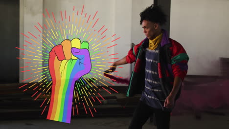 animation of rainbow fist over african american man with flare