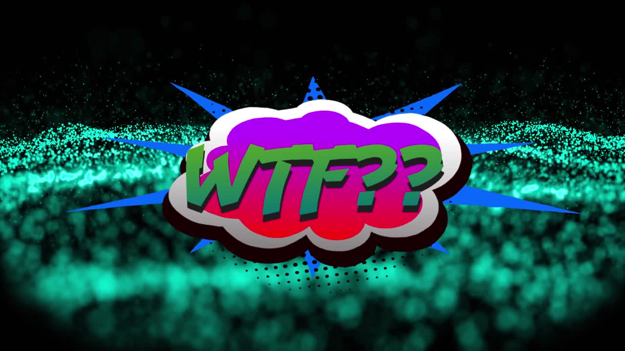 Animation of wtf text over green dots on black background