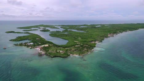 Drohne-Nähert-Sich-Der-Tropischen-Kolumbianischen-Insel-Tintipan-Voller-Mangroven-Und-Lagunen