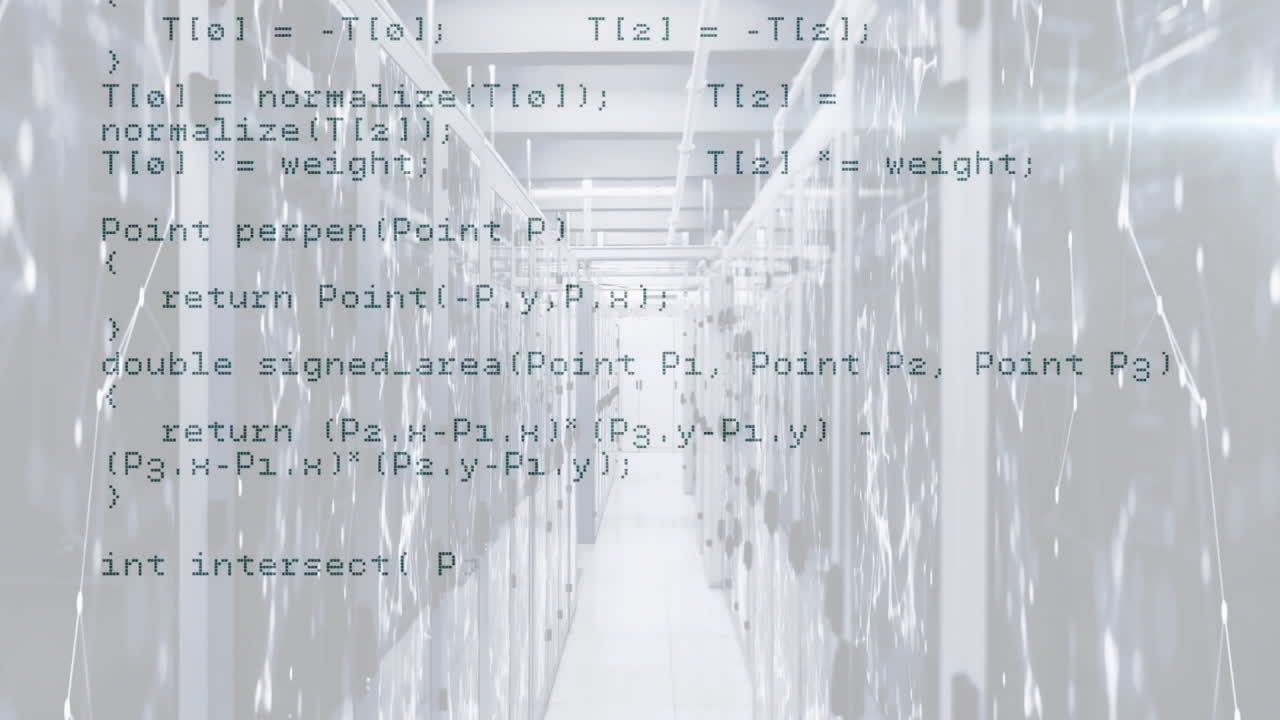 Animating computer code over data center with server racks