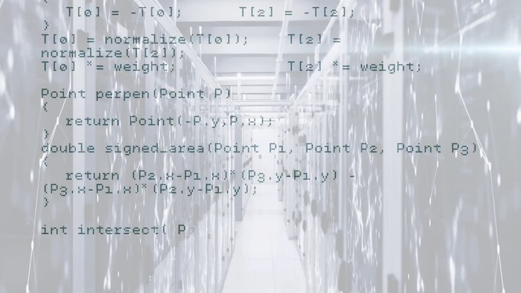 Animating computer code over data center with server racks