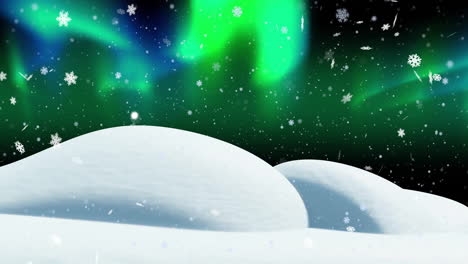 Animation-Von-Fallendem-Schnee-Und-Polarlichtern-Im-Weihnachtlichen-Winterlandschaftshintergrund