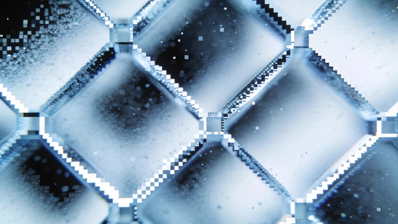 Mostrando una griglia diamantata satinata con pixel tremolanti, che causano la deriva di particelle in una vista macro con nodi.