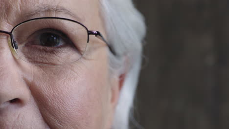 cerrar la mitad de la cara de una mujer mayor con los ojos abiertos mirando a la cámara con gafas