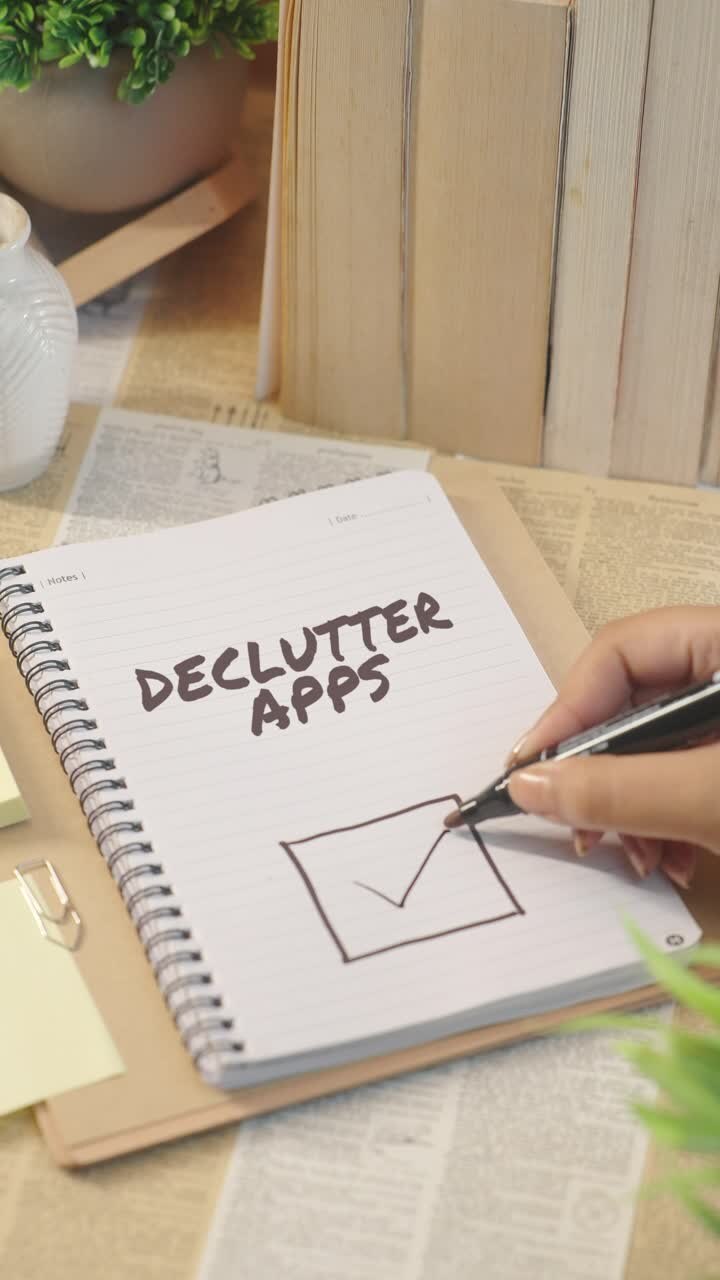 VERTICAL VIDEO OF TICKING OFF DECLUTTER APPS FROM CHECKLIST