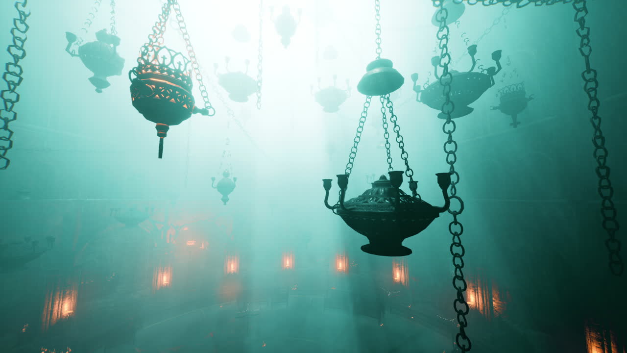 매달린 램프와 안개와 함께 신비로운 교회 내부