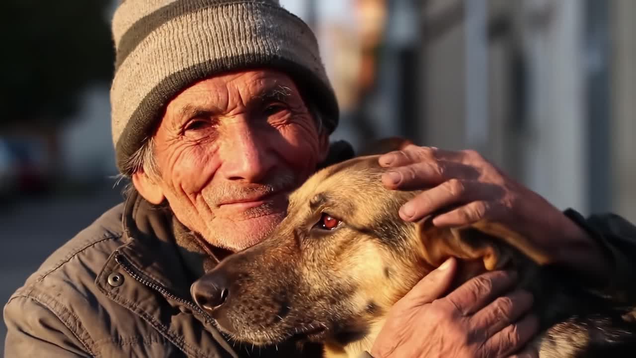 A Heartwarming Bond: The Interplay of Affection Between an Elderly Man and His Loyal Dog in a Serene Urban Setting
