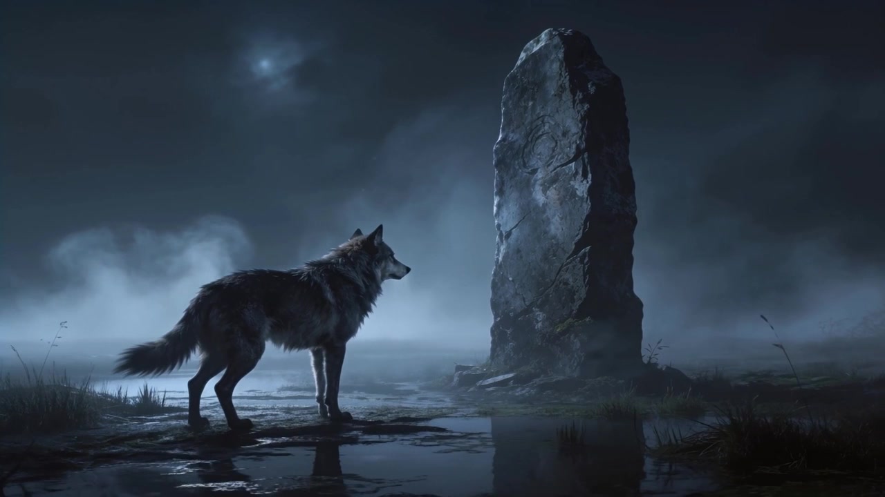 Noticing monolith, lone gray wolf shifting weight and lifting head at moonlit marsh, fog