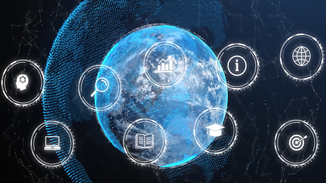 파란색 배경에 회전하는 지구상에서 디지털 아이콘과 연결 네트워크의 애니메이션