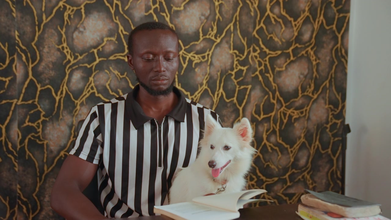 Person studies calmly with pet. Person engrossed in reading with tranquil pet nearby indoors. Student concentrates on books and notes in cozy indoor setting with calm canine companion