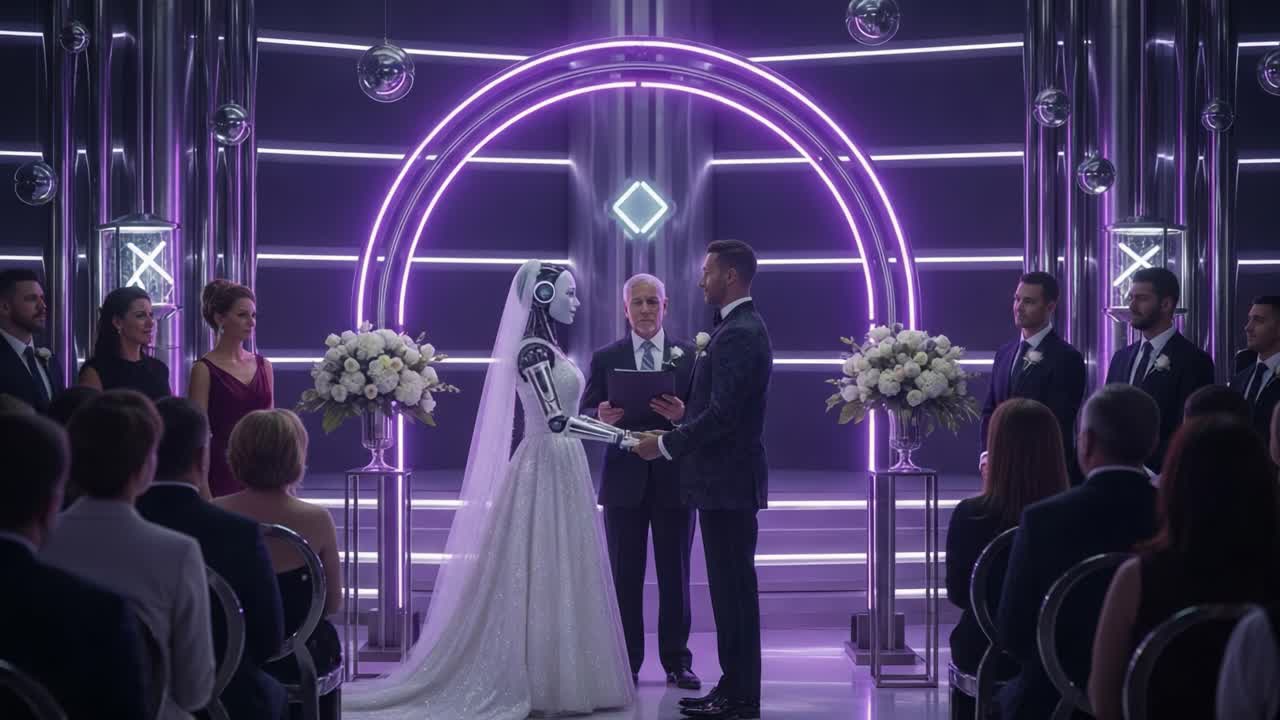 A Futuristic Wedding Ceremony: A Unique Union Between Human and Robot in a High-Tech Setting with Elegant Decor and a Vow Exchange Under Neon Lights