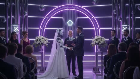 a futuristic wedding ceremony: a unique union between human and robot in a high-tech setting with elegant decor and a vow exchange under neon lights
