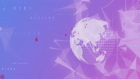 animation of data processing with network of connections over globe on purple background