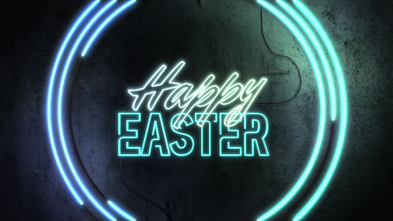 Happy Easter with blue neon circles on wall
